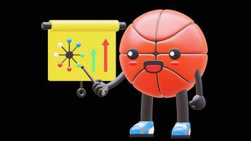 3D Basketball Character Doing Presentation With Network Diagram Suitable For Business And Technology Concepts. Transparent Background. Alpha Background. Looping Animation. video