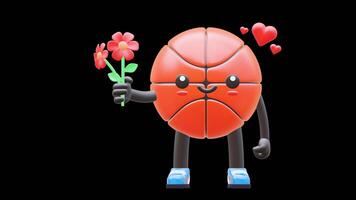 3D Basketball Character Holding Flowers And Heart Suitable For Romantic And Appreciation Content. Transparent Background. Alpha Background. Looping Animation. video