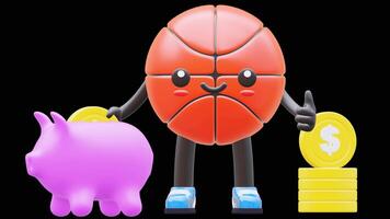3D Basketball Character Holding Coin And Piggy Bank Suitable For Savings And Financial Planning Concepts. Transparent Background. Alpha Background. Looping Animation. video