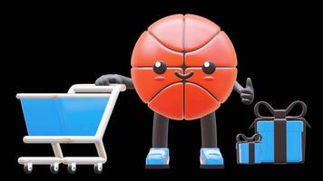 3D Basketball Character With Shopping Cart And Gift Boxes Suitable For Online Shopping And Retail Concepts. Transparent Background. Alpha Background. Looping Animation. video