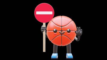 3D Basketball Character Holding Dont Enter Sign Suitable For Restricted Area And Safety Concepts. Transparent Background. Alpha Background. Looping Animation. video