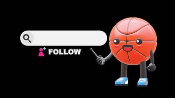 3D Basketball Character Promoting Social Media Follow Button Perfect For Digital Campaigns And Branding. Transparent Background. Alpha Background. Looping Animation. video