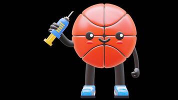 3D Basketball Character Holding A Syringe Suitable For Health And Vaccination Concepts. Transparent Background. Alpha Background. Looping Animation. video