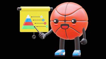 3D Basketball Character Doing Presentation With Graph And Pointer Suitable For Business And Marketing Presentations. Transparent Background. Alpha Background. Looping Animation. video