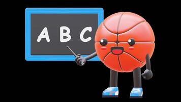 3D Basketball Character Teaching ABC Letters On Blackboard Suitable For Educational And Learning Content. Transparent Background. Alpha Background. Looping Animation. video