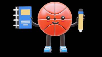 3D Basketball Character Holding Textbook And Pencil Suitable For Education And Learning Concepts. Transparent Background. Alpha Background. Looping Animation. video