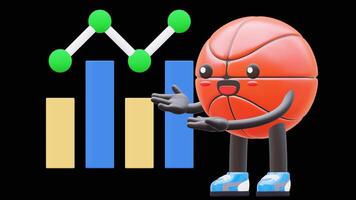 3D Basketball Character Explaining Business Chart Suitable For Financial Presentations And Business Planning Concepts. Transparent Background. Alpha Background. Looping Animation. video