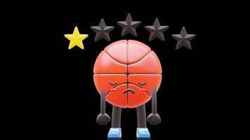 3D Basketball Character Showing One Star Rating Suitable For Negative Feedback And Customer Satisfaction Concepts. Transparent Background. Alpha Background. Looping Animation. video