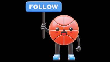 3D Basketball Character Holding Follow Sign Board Suitable For Social Media Marketing And Audience Engagement. Transparent Background. Alpha Background. Looping Animation. video