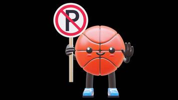 3D Basketball Character Holding No Parking Sign Suitable For Parking Rules And Traffic Awareness Concepts. Transparent Background. Alpha Background. Looping Animation. video