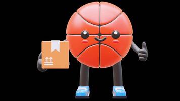 3D Basketball Character Holding Delivery Box Suitable For Courier Services And Shipping Logistics. Transparent Background. Alpha Background. Looping Animation. video