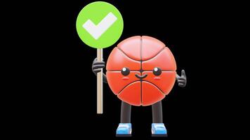 3D Basketball Character Holding Correct Sign Suitable For Right And Approval Concepts. Transparent Background. Alpha Background. Looping Animation. video