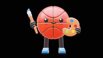 3D Basketball Character Holding Paintbrush And Palette Suitable For Art And Creativity Themes. Transparent Background. Alpha Background. Looping Animation. video
