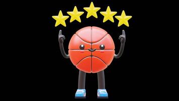 3D Basketball Character Showing Five Stars Rating Suitable For Customer Satisfaction And Quality Feedback Content. Transparent Background. Alpha Background. Looping Animation. video