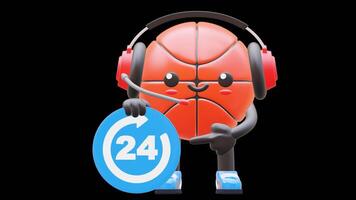 3D Basketball Character With Headset Holding 24 Hours Sign Suitable For Customer Support And Service Concepts. Transparent Background. Alpha Background. Looping Animation. video