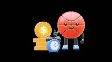 3d pallacanestro personaggio mostrando tempo è i soldi concetto adatto per attività commerciale e finanziario concetti. trasparente sfondo. alfa sfondo. looping animazione. video