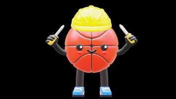 3D Basketball Character Holding Two Screwdrivers Suitable For Construction And Repair Themes. Transparent Background. Alpha Background. Looping Animation. video
