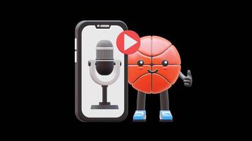 3D Basketball Character Showing Podcast Application Suitable For Digital Media And Broadcasting Concepts. Transparent Background. Alpha Background. Looping Animation. video