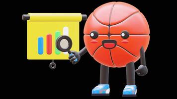 3D Basketball Character Holding Magnifying Glass Pointing At Bar Chart Suitable For Business And Analysis Concepts. Transparent Background. Alpha Background. Looping Animation. video