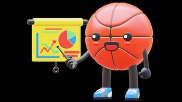 3D Basketball Character Pointing At Mixed Charts Suitable For Data Visualization And Analysis Concepts. Transparent Background. Alpha Background. Looping Animation. video