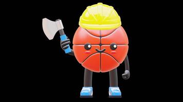 3D Basketball Character Holding An Axe Suitable For Construction And Lumberjack Themes. Transparent Background. Alpha Background. Looping Animation. video