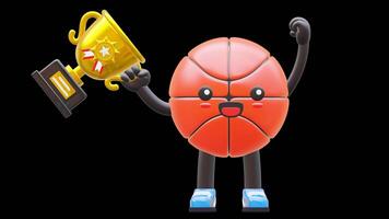 3D Basketball Character Holding Trophy Celebrating Victory And Success Suitable For Sports And Achievement Presentations. Transparent Background. Alpha Background. Looping Animation. video