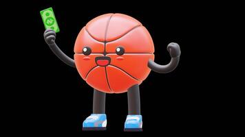 3D Basketball Character Holding Money Symbolizing Wealth Success Suitable For Business Financial And Marketing Content. Transparent Background. Alpha Background. Looping Animation. video