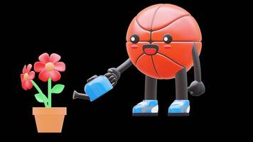 3D Basketball Character Watering A Flower Pot Suitable For Gardening And Eco Friendly Concepts. Transparent Background. Alpha Background. Looping Animation. video