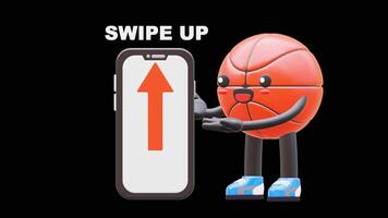 3D Basketball Character Highlighting Swipe Up Text With A Smartphone Graphic. Ideal For Interactive Marketing Campaigns, Social Media Advertisements, And Engaging Call To Actions. video