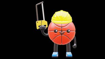 3D Basketball Character Holding A Hacksaw Suitable For Construction And Repair Themes. Transparent Background. Alpha Background. Looping Animation. video
