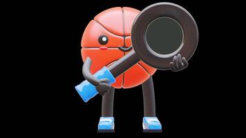 3D Basketball Character Holding Magnifying Glass For Research And Analysis Suitable For Business Marketing And Exploration Themes. Transparent Background. Alpha Background. Looping Animation. video