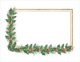 Xmas spruce branches, Holly berries gold framed illustration. Evergreen branch with red berries Xmas watercolor horizontal frame with empty space for text. For Christmas invitation, greeting card vector