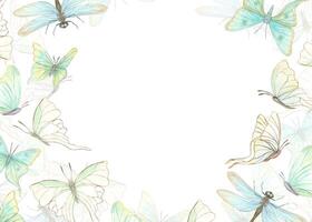 Watercolor fluttering delicate abstract butterflies and damselflies rectangle frame. Colored tropical insects hand painted illustration for greeting cards, invitations. Empty space for text. vector