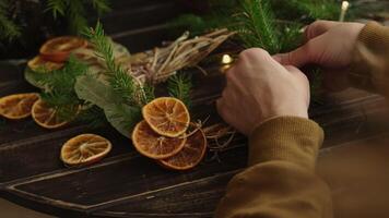 Hands make Christmas wreath using fir branches and dried oranges. Decorating house for Christmas. video