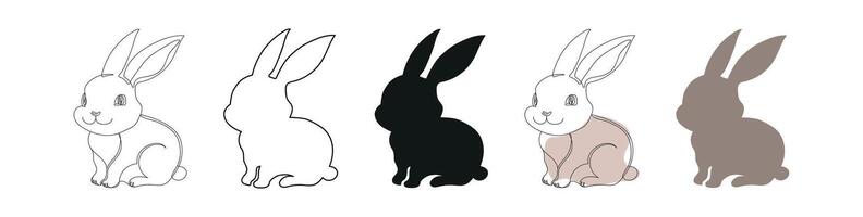 Set of Rabbits isolated on a white background. Includes black silhouette, outline, continuous one line drawing and colored versions. Concept of animal, Easter Bunny, Cute hare, pet, design elements vector