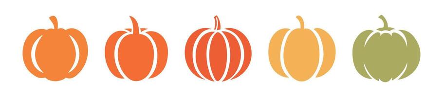 Set of pumpkin silhouettes in various autumn colors, featuring simple minimalist designs with different shapes. Isolated on white background. Concept of harvest season, Thanksgiving, fall, Halloween, vector