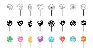 Set of lollipops in various shapes and patterns isolated on white background. Black silhouettes, outlines, and colored versions. Concept of sweet candy, confectionery treats, heart and swirl shapes vector