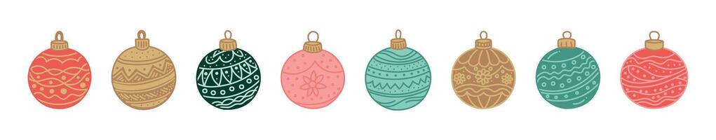 Set of various colorful Christmas ornaments with intricate patterns and designs on a white background. Concept of holiday decorations, baubles, festive design, Christmas balls, and craft templates vector