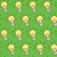 Seamless Pattern of Glowing Light Bulbs on Green Background. Concept of Innovation, Bright Ideas, Creativity, Electrical Design. Art, Decoration, graphic design, inspiration symbol. Background vector