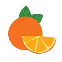 Whole orange with slice. Citrus with green leaves vector