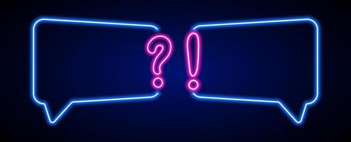 Neon quiz frame with question and exclamation. Faq question answer template vector