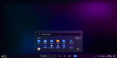 Desktop with office program in purple color with start menu panel and user interface settings. vector
