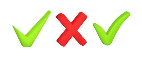 Check mark 3D tick . Green tick and red cross cartoon icon vector