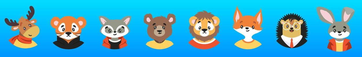 Collection of portraits of cute wild animals in clothes in round frames isolated on white background. Bundle of faces or muzzles of funny characters. Flat cartoon illustration for children. vector