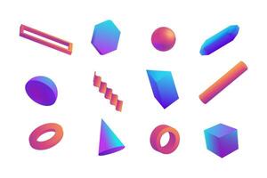 Neon geometric 3d shapes set. Torus with purple hexagon and triangle vector
