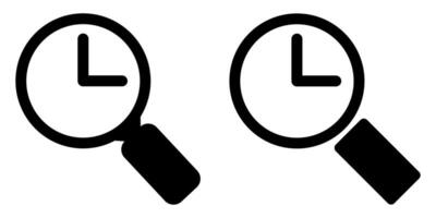 Time management icon. Magnifying glass with clock sign. Schedule, planning symbol, deadline. Find icon and countdown vector