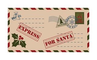 Merry Christmas. Christmas envelope with stamps, seals and lettering to Santa Claus. Waiting for miracles and presents. Space for text. vector