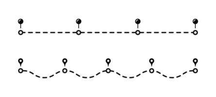 Dotted curved path with points set. Curved paths with dots. vector