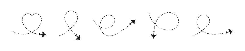 Dotted line path with airplanes. Airplane routes set. Plane routes. Dotted flight pathway. Airplane tracking vector