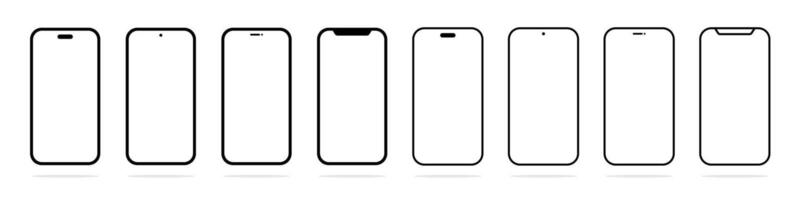 Smartphone mockup with blank white screen. Mobile phone mockup front view. Smartphone screen illustration. Flat black device screen icons. Smartphone screen icon set vector